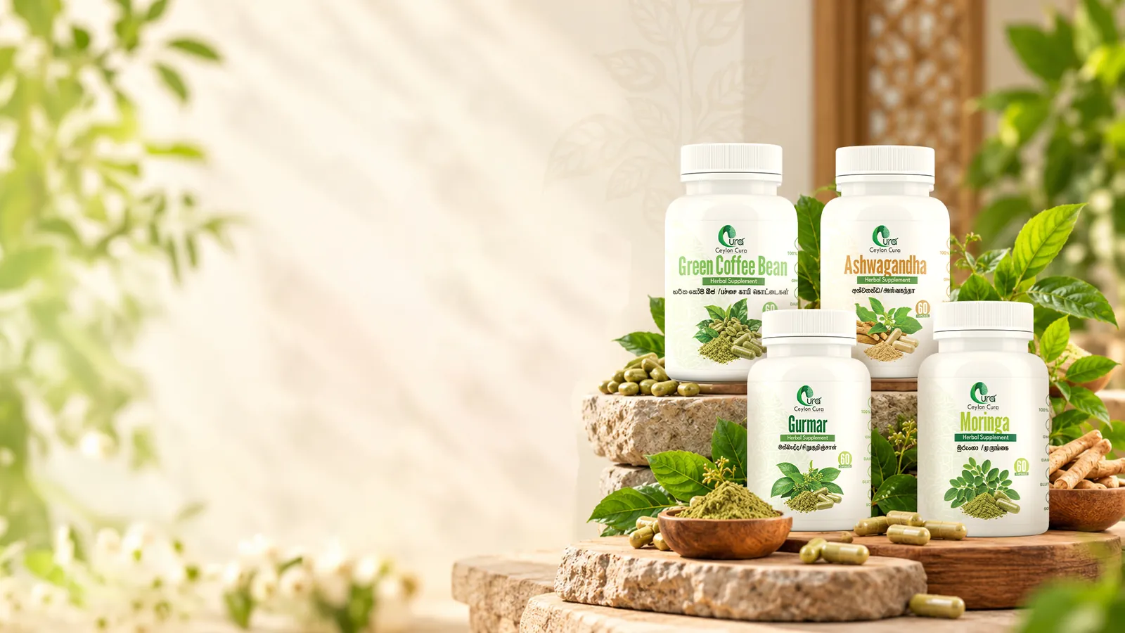 Ceylon Cura Green Coffee Bean, Ashwagandha, Gurmar and Moringa capsule bottles