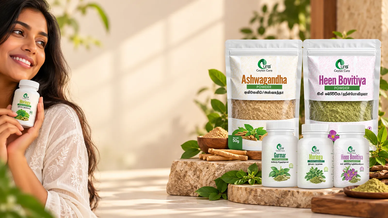 Ceylon Cura powders and capsules beside fresh leaves